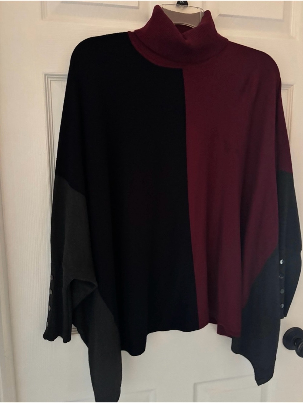 Alfani Colorblock Turtleneck Poncho Sweater - Black & Burgundy, Size 0X